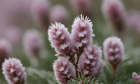 Pine tree branch with pink flowers in the frost, close-up