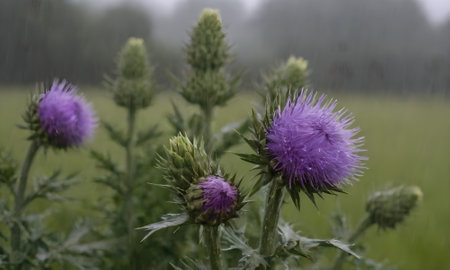 Thistle flowers in the rain. Selective focus and shallow depth of field.の写真素材