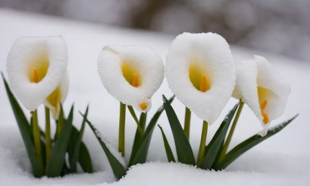 Beautiful white calla lilies in the snow, close upの写真素材