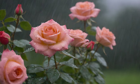 Beautiful pink roses in the rain. Raindrops on the flowers.の写真素材