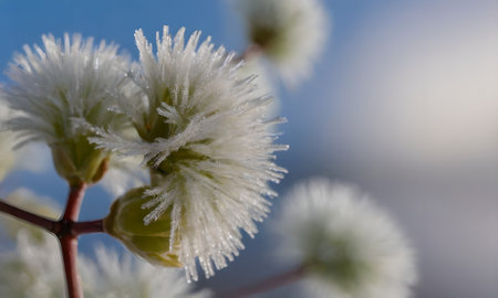 Flowering willow branches covered with hoarfrost on a sunny day