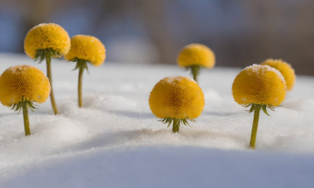 snowflakes on a yellow flower in the snow in winterの写真素材