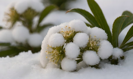 Flowers covered with snow in the winter forest. Close-up.