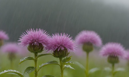 Purple thistle flowers in the rain. Selective focus.の写真素材