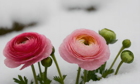 Pink ranunculus flowers in the snow.の写真素材