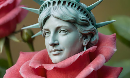 Statue of a head in a rose gardenの写真素材