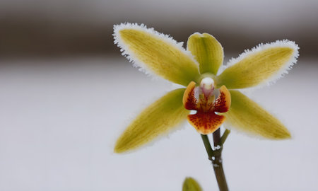 Yellow orchid in the snow. Close-up, selective focus.の写真素材