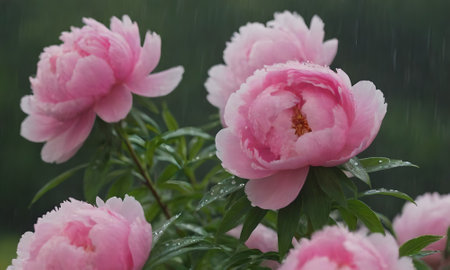 pink peonies in the rain, close-up, natural backgroundの写真素材