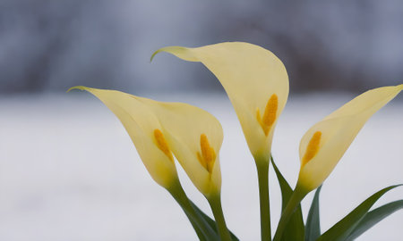 Yellow calla lily flowers on a background of the snow.の写真素材