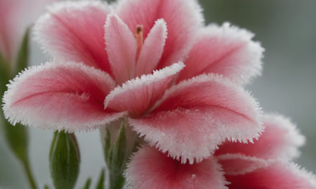 Close-up of a pink flower with snow on the petalsの写真素材