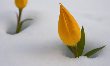 Yellow tulip in the snow, close-up, selective focusの写真素材