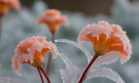 Frozen flowers in the snow, close-up, natural backgroundの写真素材