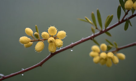 Yellow flowers of barberry with water droplets on a branch.の写真素材