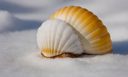 Sea shell on the white snow in winter. Shallow depth of field.の写真素材