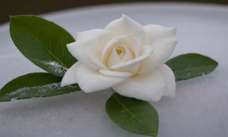 White rose on the ice, close-up, shallow depth of fieldの写真素材