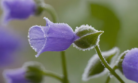 Purple flowers covered with ice crystals, close-up, selective focus