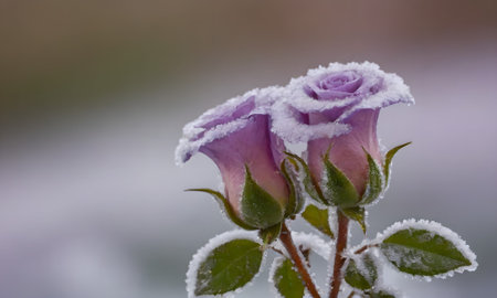 Rose covered with hoarfrost in a garden in the winter.の写真素材