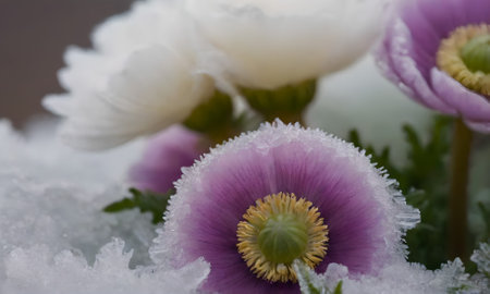 Pulsatilla grandiflora, anemone in the snowの写真素材