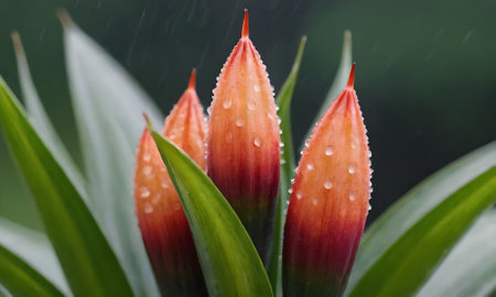 Tropical flower with rain drops on petals and green leavesの写真素材