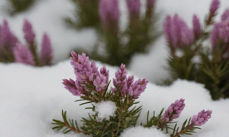 Close up of pink heather flowers blooming in the snow.の写真素材