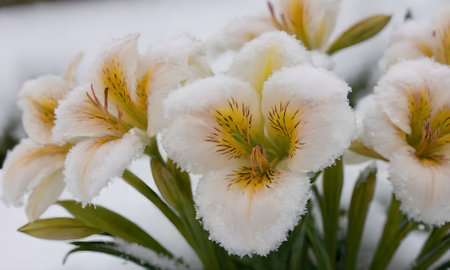 Beautiful alstroemeria flowers in the snow, close upの写真素材