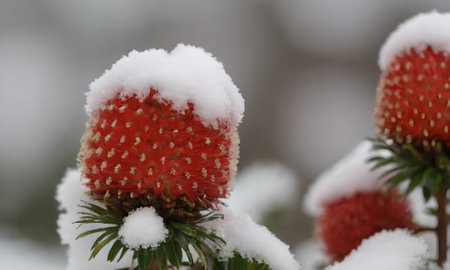 Close up of a red flower covered with snow in a garden in winterの写真素材