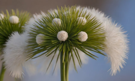 Close up of a green plant with white fluffy flowers in the background