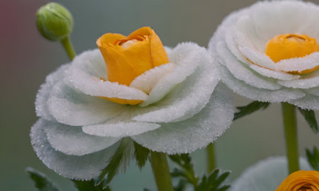Close up of Ranunculus asiaticus flowers in the snow
