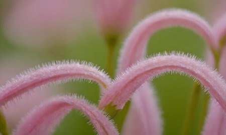 Close up of pink flower with water drops on petals and green backgroundの写真素材