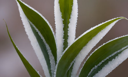 Close-up of the leaves of a lily of the valley covered with snow