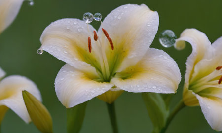 White lily with raindrops on the petals close-upの写真素材