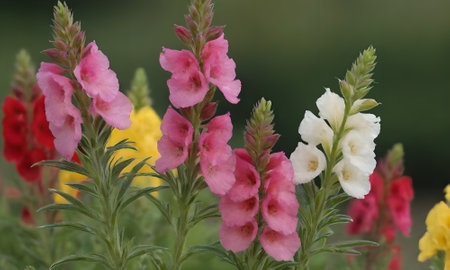 Close up of pink and yellow flowers in a garden with blurred backgroundの写真素材