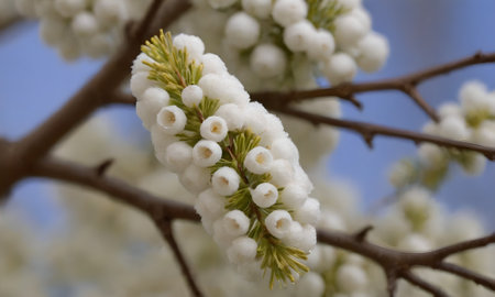 White flowers on a branch of a blossoming tree in spring.