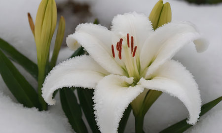 White lily in the snow, close-up of a flowerの写真素材