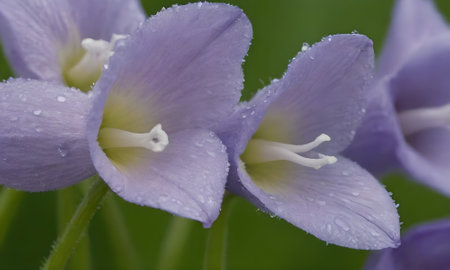 Purple flowers with drops of dew on the petals.の写真素材