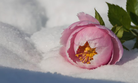 Pink peony flower in the snow on a sunny winter day.の写真素材