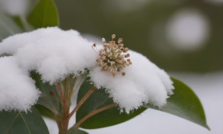 Snow on a branch of a blossoming tree, close-upの写真素材