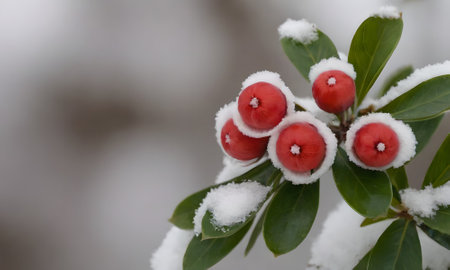Red berries covered with snow on a twig of holly.の写真素材