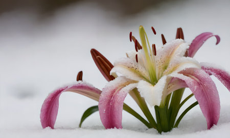 pink lily in the snow with drops of water on itの写真素材