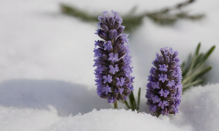 Lavender flowers in the snow. Lavandula officinalisの写真素材