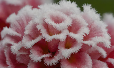 Close up of pink flower covered with snow.