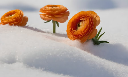 Orange ranunculus flowers in the snow. Shallow depth of fieldの写真素材