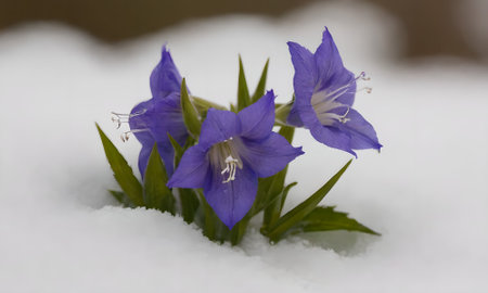 Flowers of gentian (Gentianella) in snowの写真素材