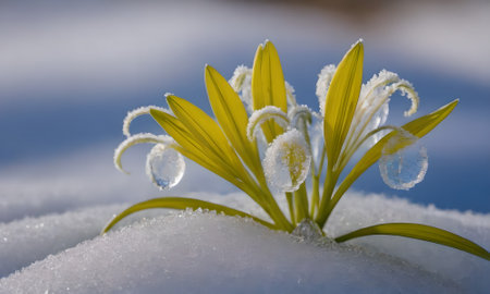 snowdrop and snowflakes on the grass in the winterの写真素材