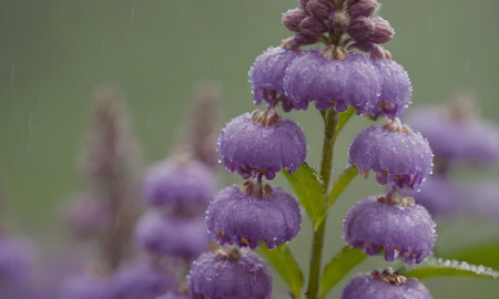 Purple flowers with raindrops on a green background. Shallow depth of fieldの写真素材