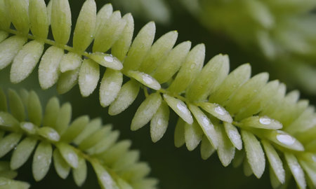 Close up of green fern leaf with water droplets on it