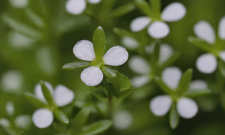 Small white flowers on green background. Shallow depth of field.