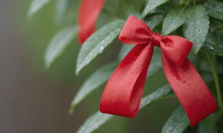 Red bow on a green background, close-up, selective focus