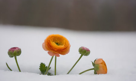 Ranunculus (persian buttercup) in the snow