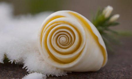 White rose on a wooden surface covered with snow. Shallow depth of field.